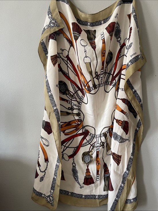 loredano Accessories - Vintage Silk-Feel Tassel & Tack Print Scarf - Ivory, Rust, Olive